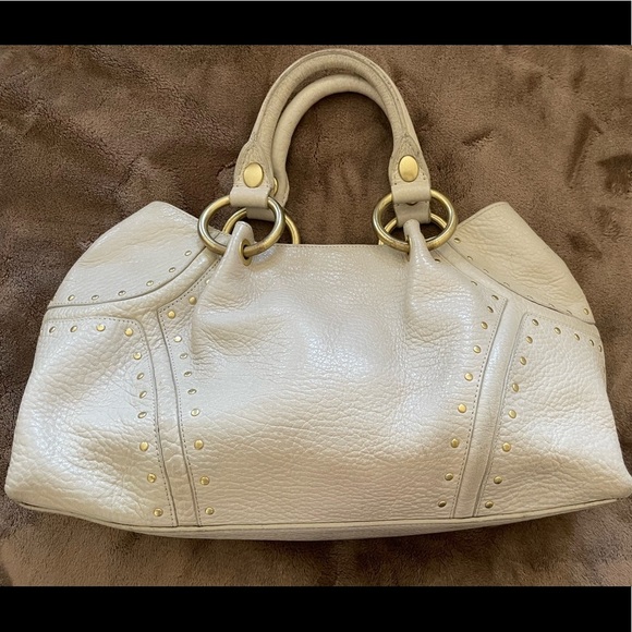 Kenneth Cole Handbags - Kenneth Cole Ivory Thick Pebble Leather Studs Satchel Handbag Purse PRE-OWNED